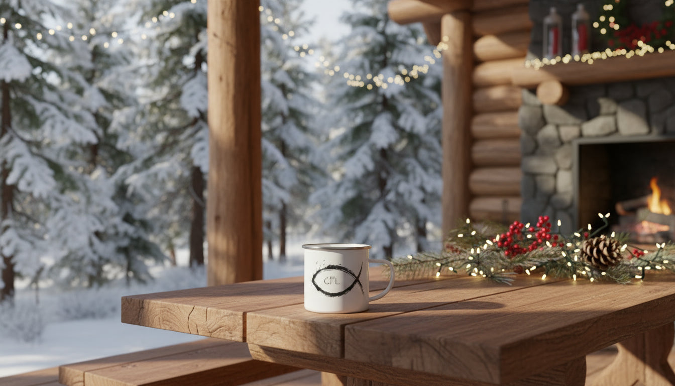 White CFL camp mug with fish symbol and 'CFL' text on a wooden table with a blurred Christmas forest, outside stone fireplace background